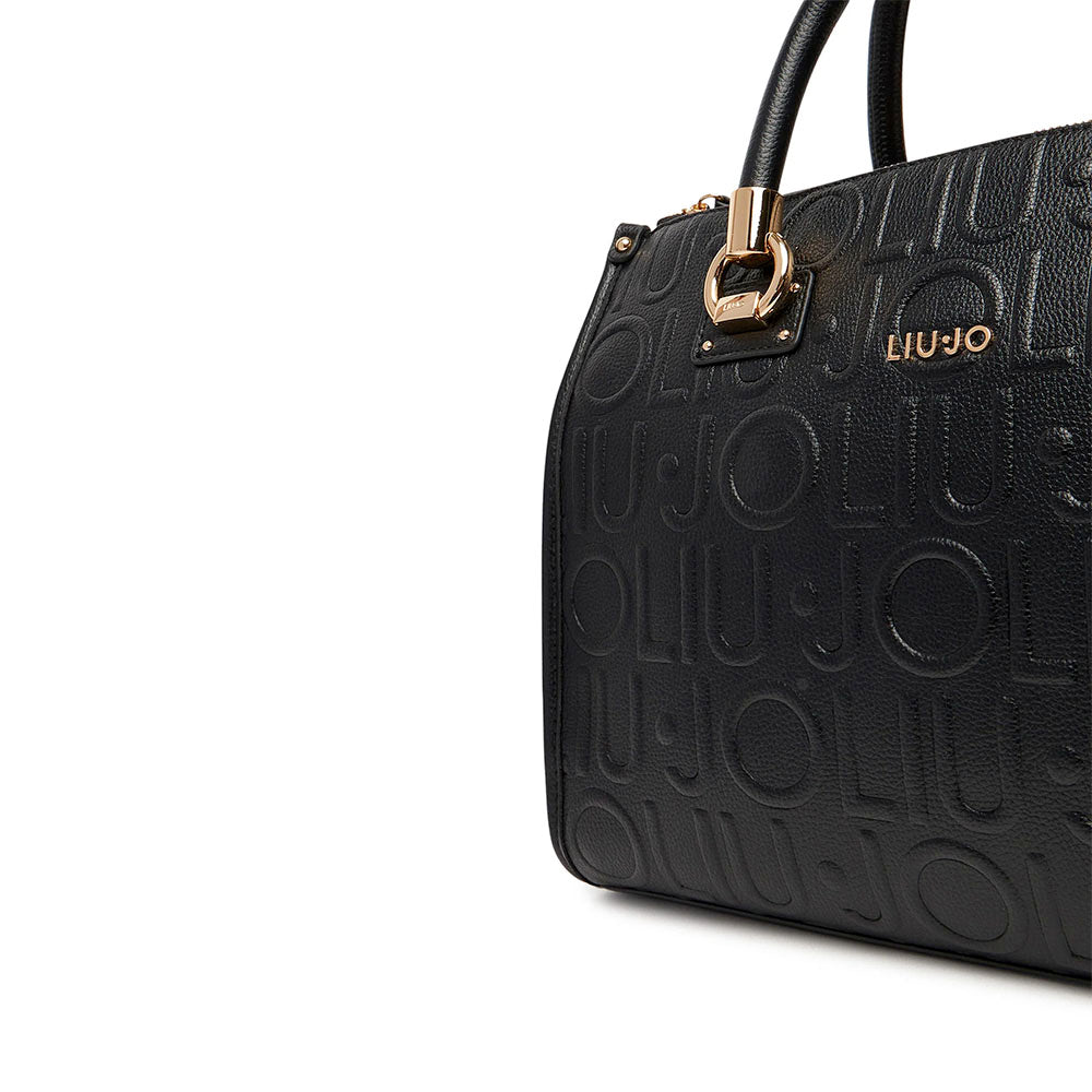 Borsa Donna a Mano Media LIU JO effetto Bottalato con Logo in Rilievo All Over Nero