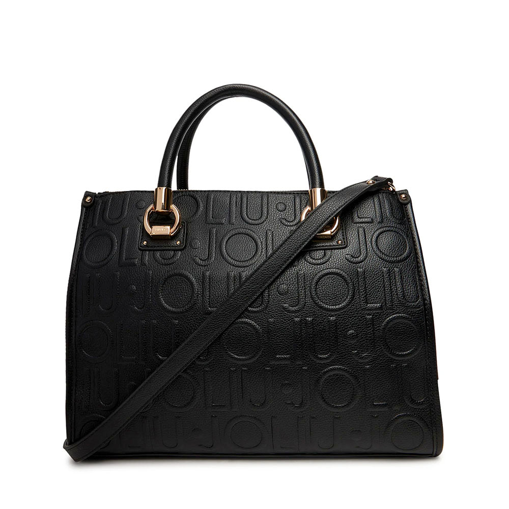 Borsa Donna a Mano Media LIU JO effetto Bottalato con Logo in Rilievo All Over Nero