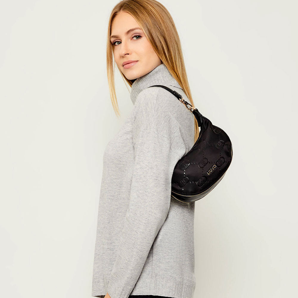 Hobo Bag Small con Tracolla LIU JO in Nylon Nero con Stampa Logo All Over
