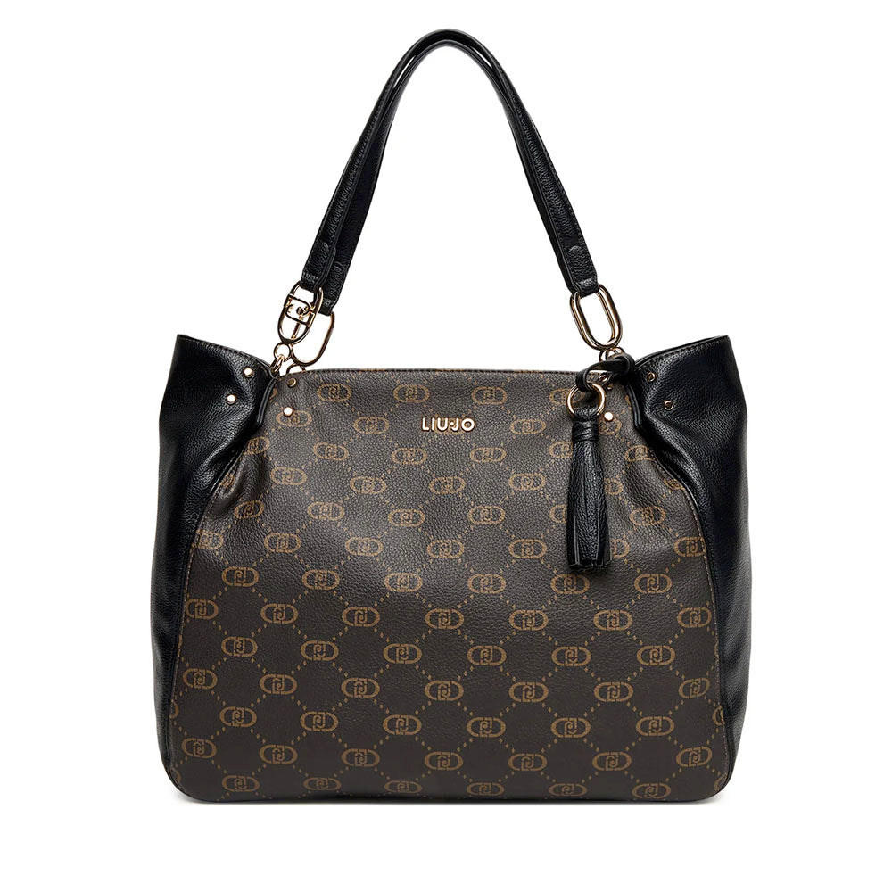Shopping Bag LIU JO Marrone con Logo Monogram e Inserto effetto Bottalato Nero
