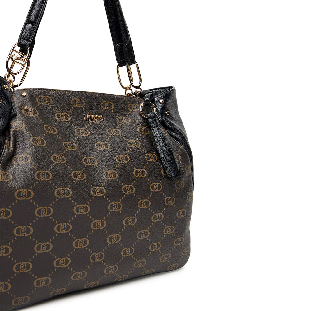 Shopping Bag LIU JO Marrone con Logo Monogram e Inserto effetto Bottalato Nero