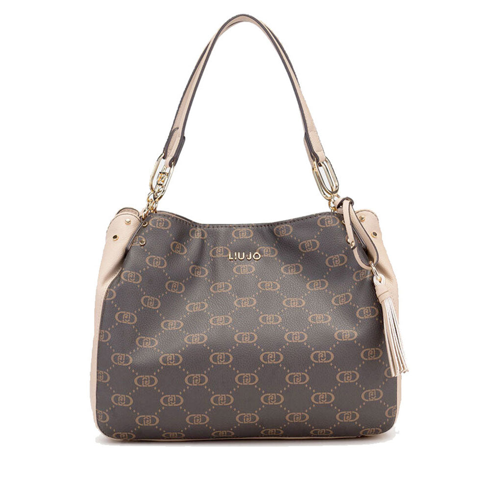 Borsa a Spalla LIU JO Marrone con Logo Monogram e Inserto effetto Bottalato Beige