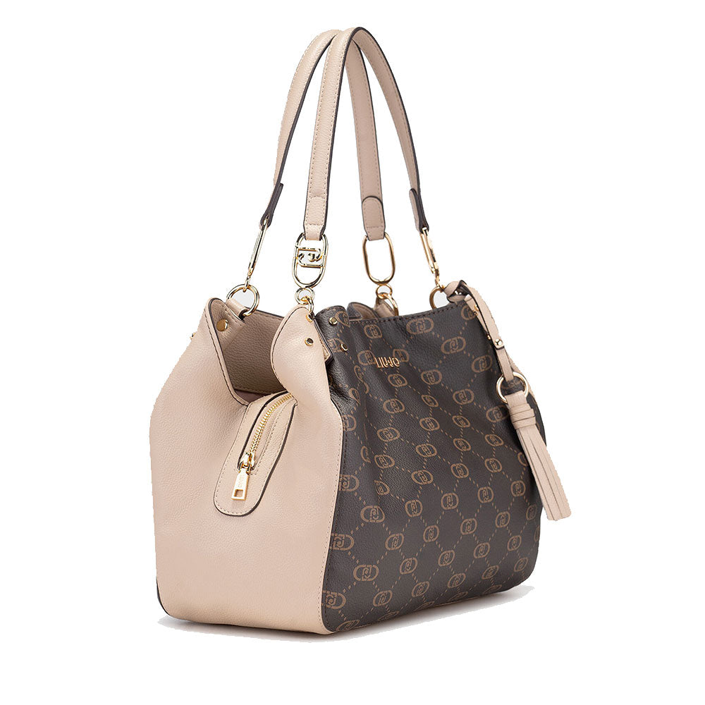 Borsa a Spalla LIU JO Marrone con Logo Monogram e Inserto effetto Bottalato Beige