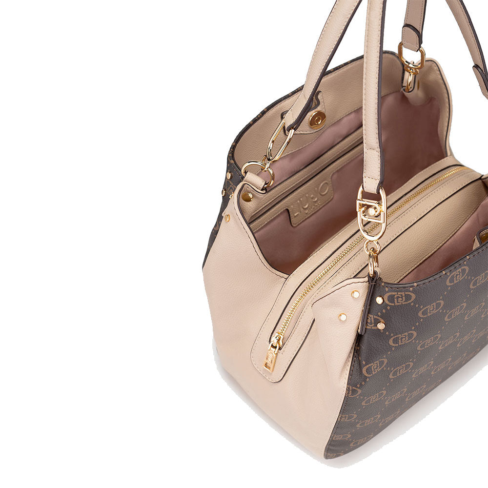 Borsa a Spalla LIU JO Marrone con Logo Monogram e Inserto effetto Bottalato Beige