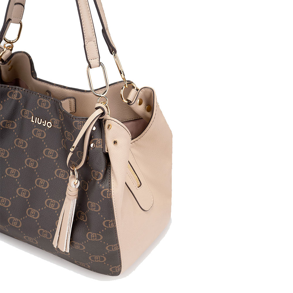 Borsa a Spalla LIU JO Marrone con Logo Monogram e Inserto effetto Bottalato Beige