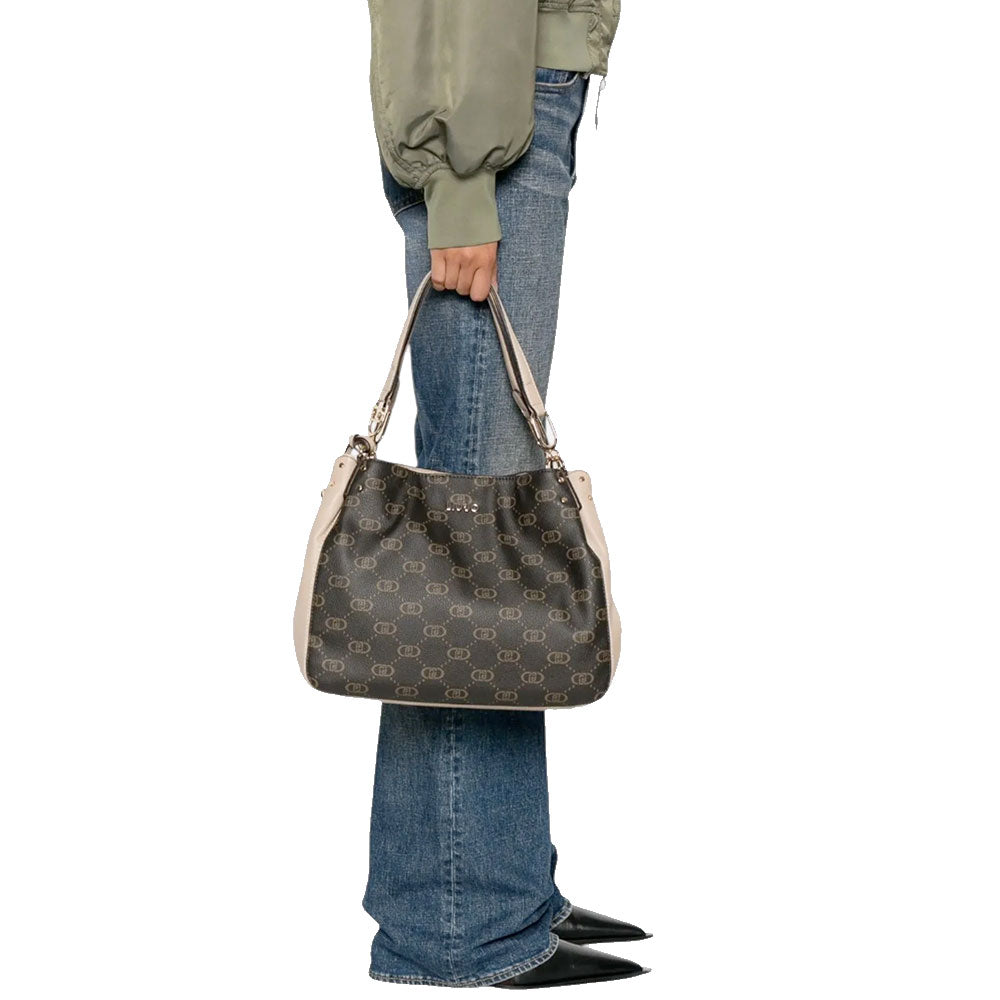 Borsa a Spalla LIU JO Marrone con Logo Monogram e Inserto effetto Bottalato Beige