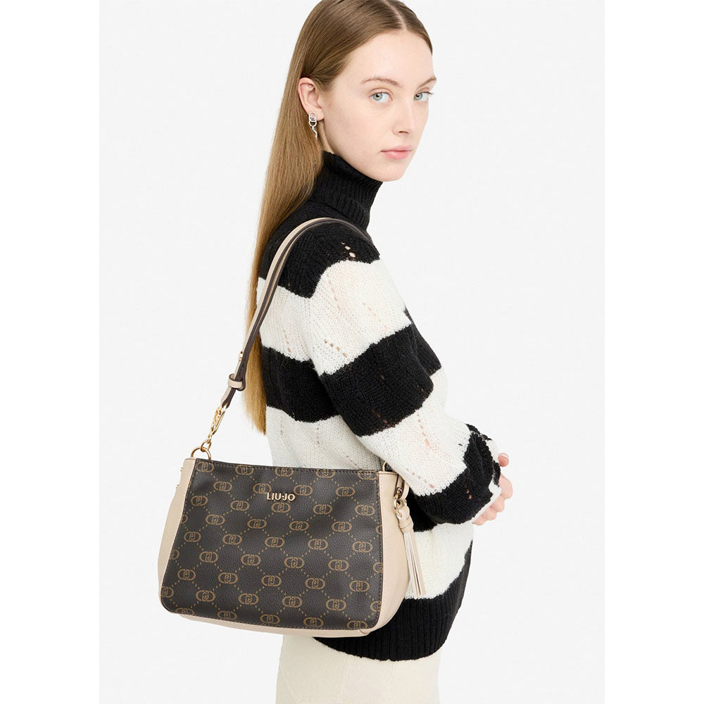 Borsa a Tracolla LIU JO Marrone con Logo Monogram e Inserto effetto Bottalato Nero