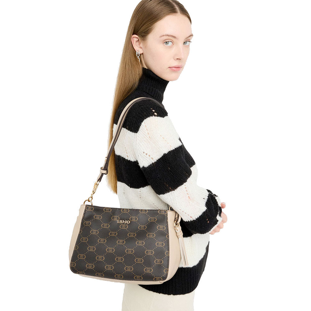 Borsa a Tracolla LIU JO Marrone con Logo Monogram e Inserto effetto Bottalato Beige