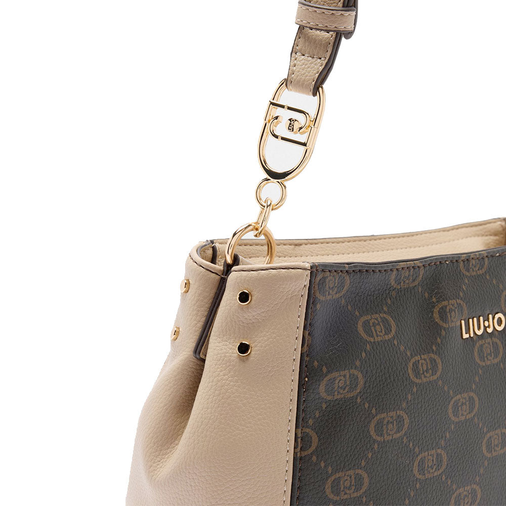 Borsa a Tracolla LIU JO Marrone con Logo Monogram e Inserto effetto Bottalato Beige