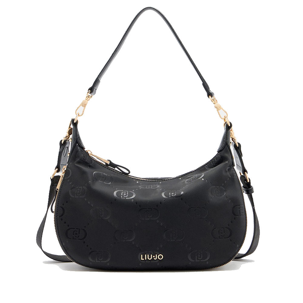 Hobo Bag Media con Tracolla LIU JO in Nylon Nero con Stampa Logo All Over