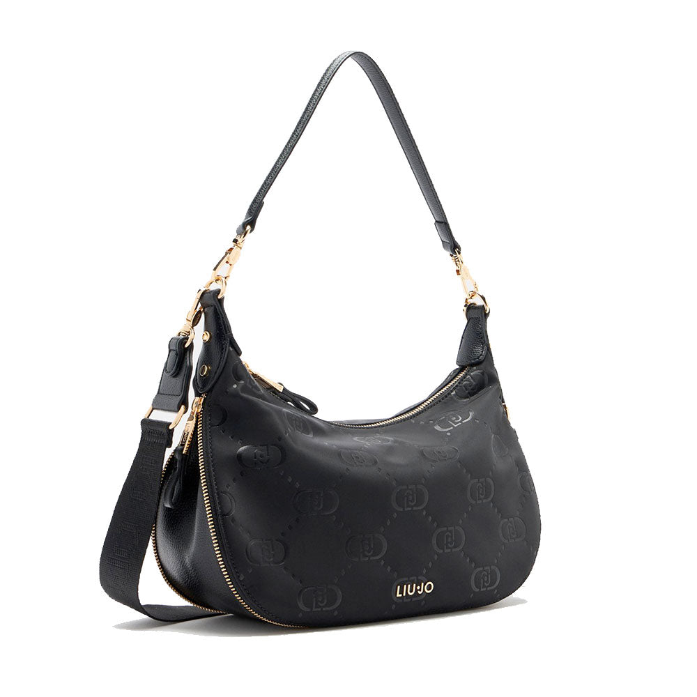 Hobo Bag Media con Tracolla LIU JO in Nylon Nero con Stampa Logo All Over