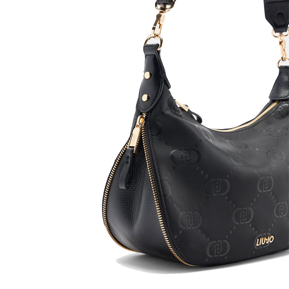 Hobo Bag Media con Tracolla LIU JO in Nylon Nero con Stampa Logo All Over