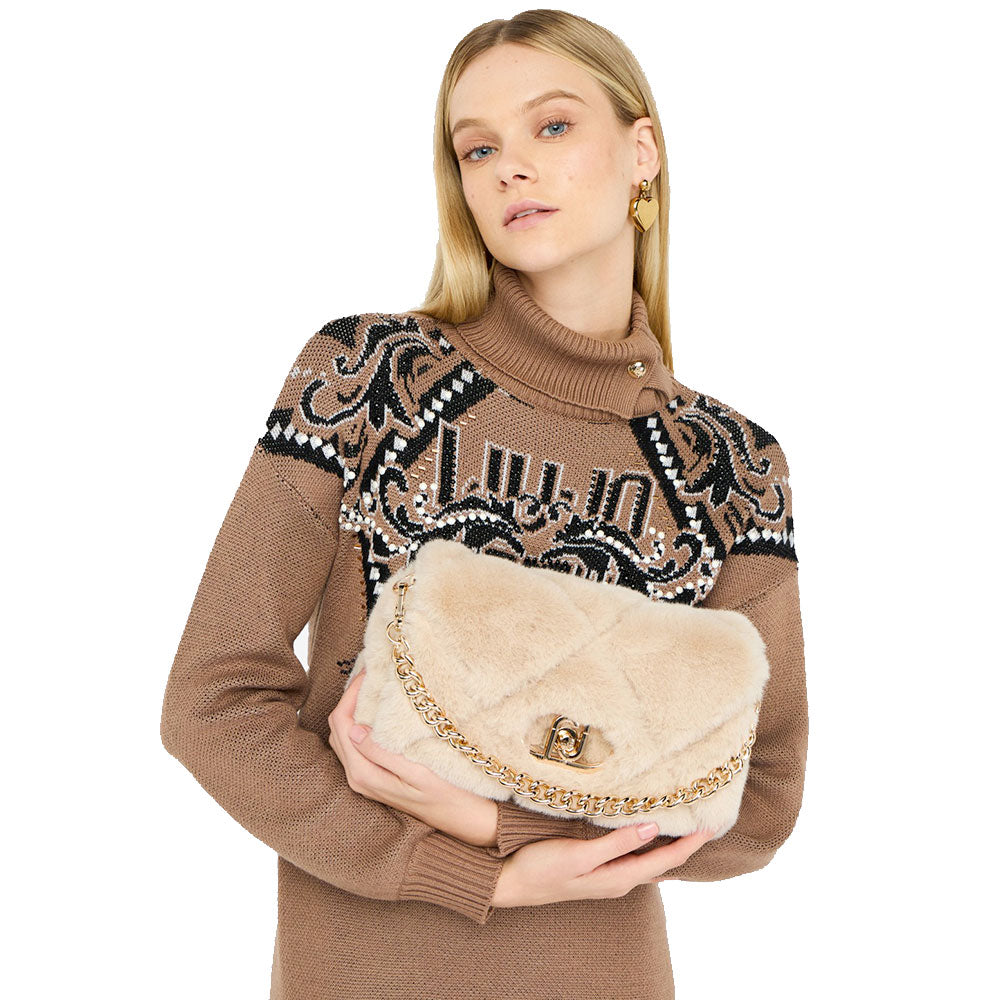 Borsa a Spalla Media LIU JO linea LaPuffy in Pelliccia Sintetica Trapuntata Marmo