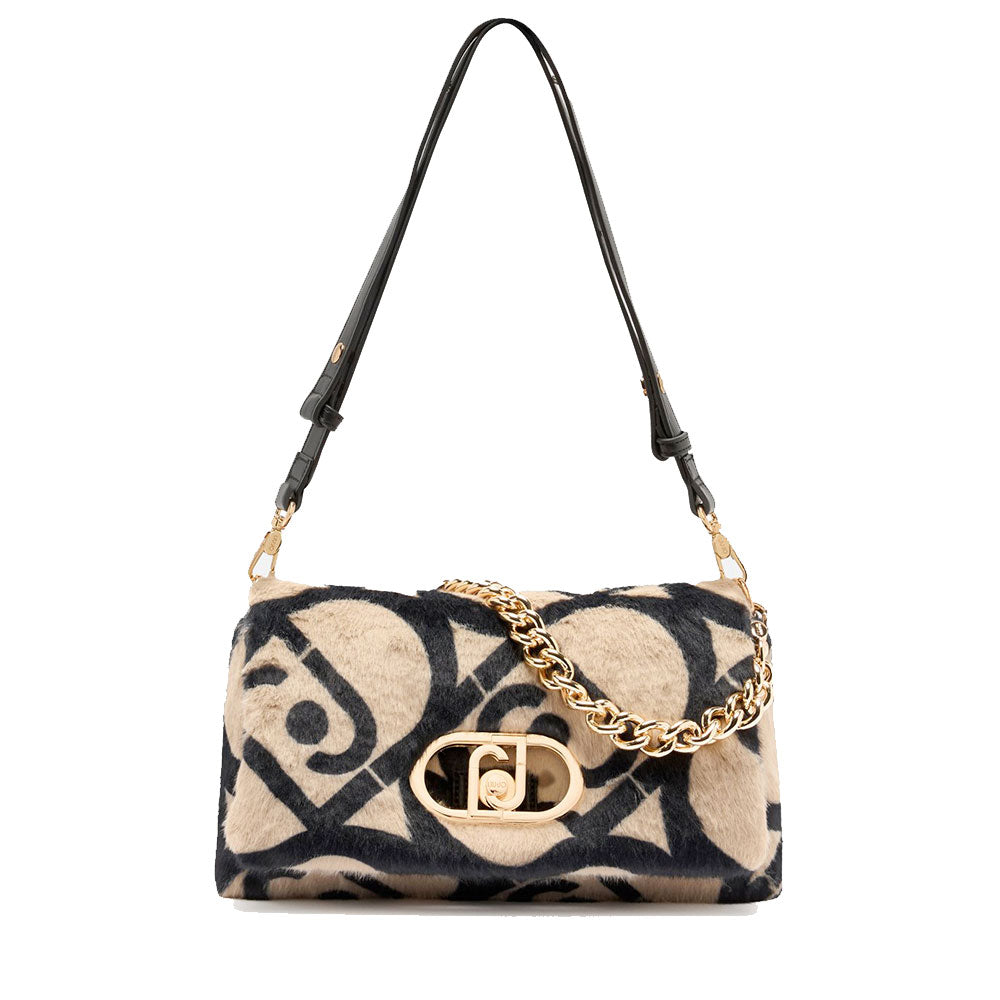 Borsa a Spalla Media LIU JO linea LaPuffy in Pelliccia Sintetica Beige con Logo All Over