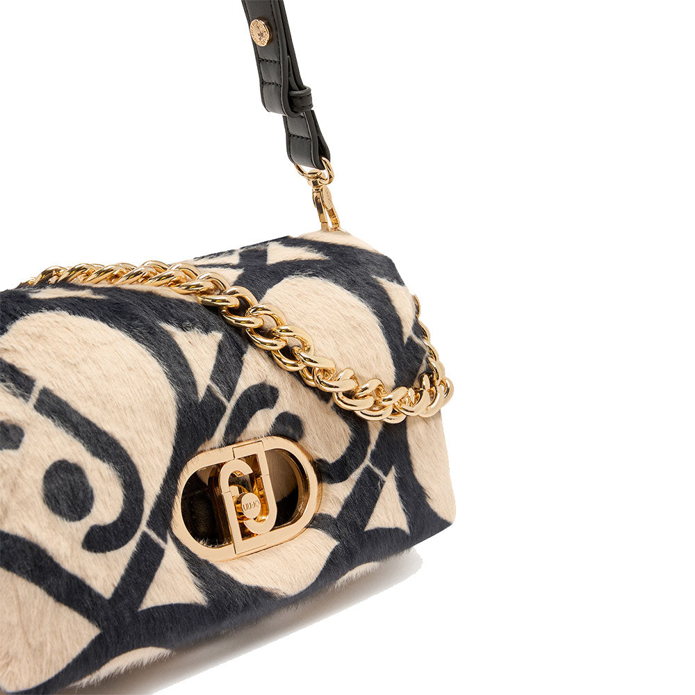 Borsa a Spalla Media LIU JO linea LaPuffy in Pelliccia Sintetica Beige con Logo All Over