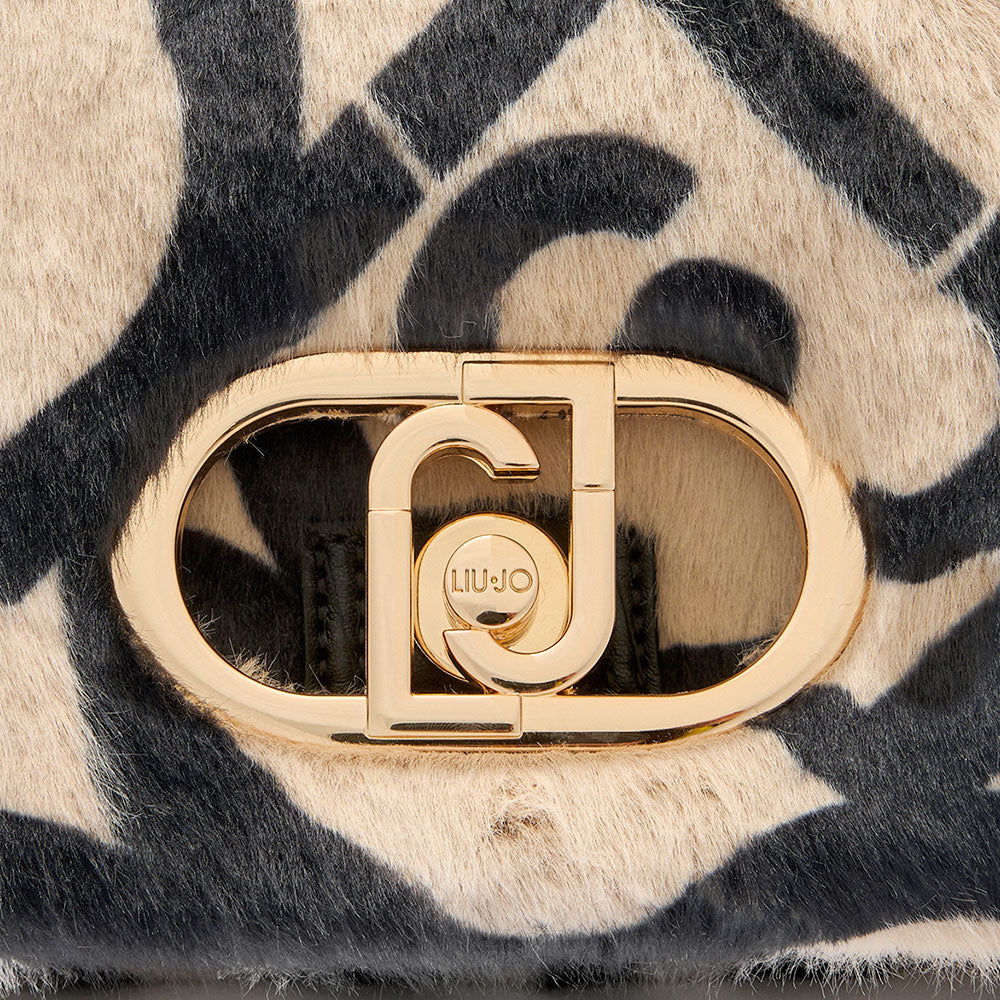 Borsa a Spalla Media LIU JO linea LaPuffy in Pelliccia Sintetica Beige con Logo All Over