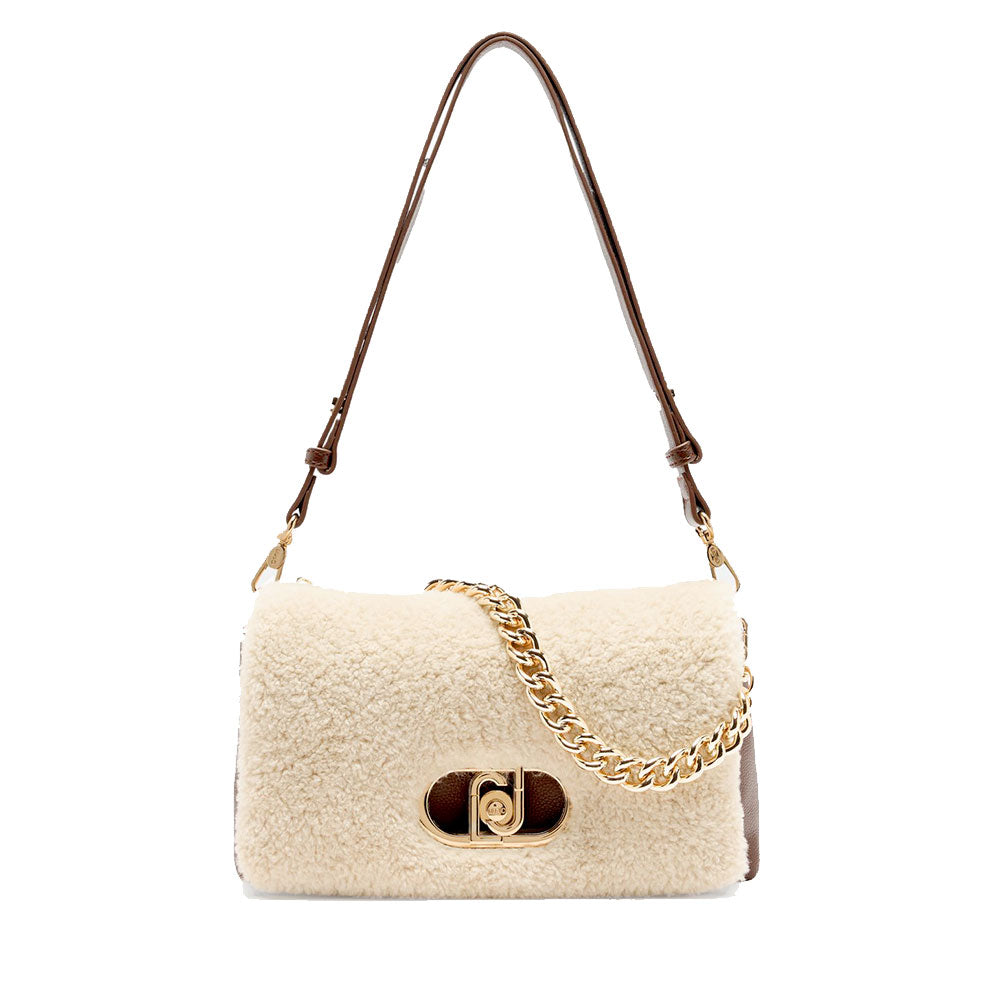 Borsa a Spalla Media LIU JO linea LaPuffy effetto Bottalato Moro Light con Inserti in Teddy Bianco