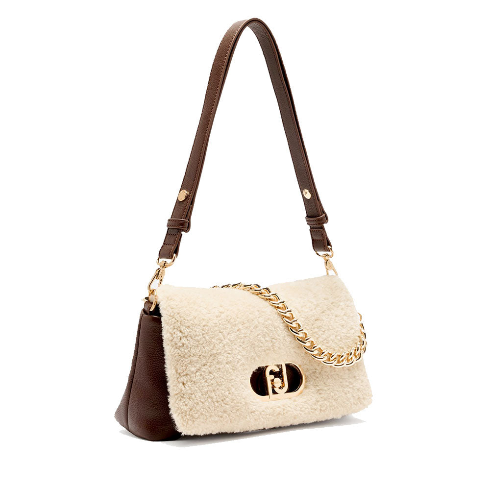 Borsa a Spalla Media LIU JO linea LaPuffy effetto Bottalato Moro Light con Inserti in Teddy Bianco