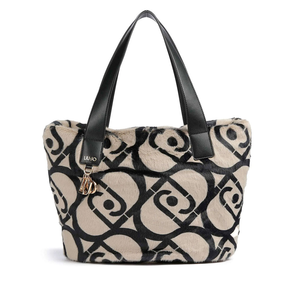 Shopping Bag Large LIU JO in Pelliccia Sintetica Beige con Logo All Over Nero