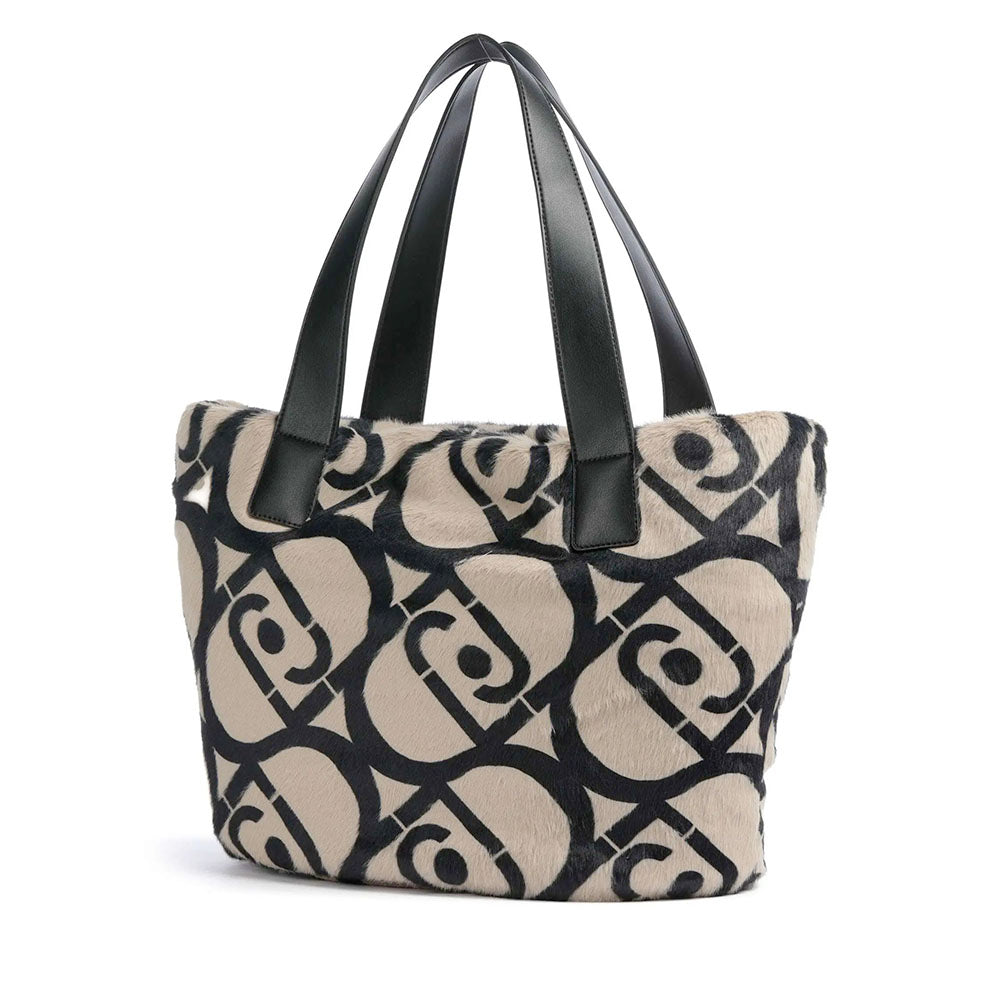 Shopping Bag Large LIU JO in Pelliccia Sintetica Beige con Logo All Over Nero