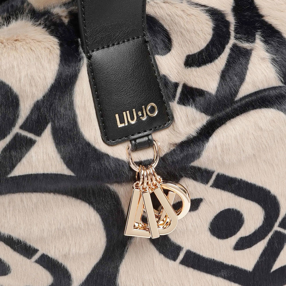 Shopping Bag Large LIU JO in Pelliccia Sintetica Beige con Logo All Over Nero