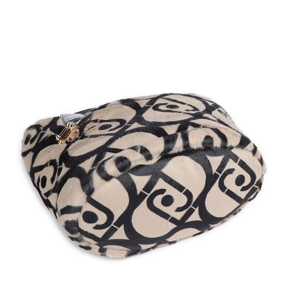 Shopping Bag Large LIU JO in Pelliccia Sintetica Beige con Logo All Over Nero