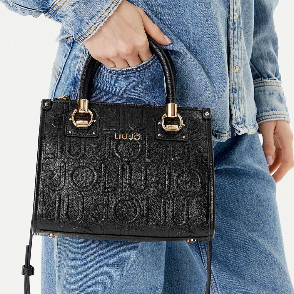Borsa Donna a Mano Small LIU JO effetto Bottalato con Logo in Rilievo Nero