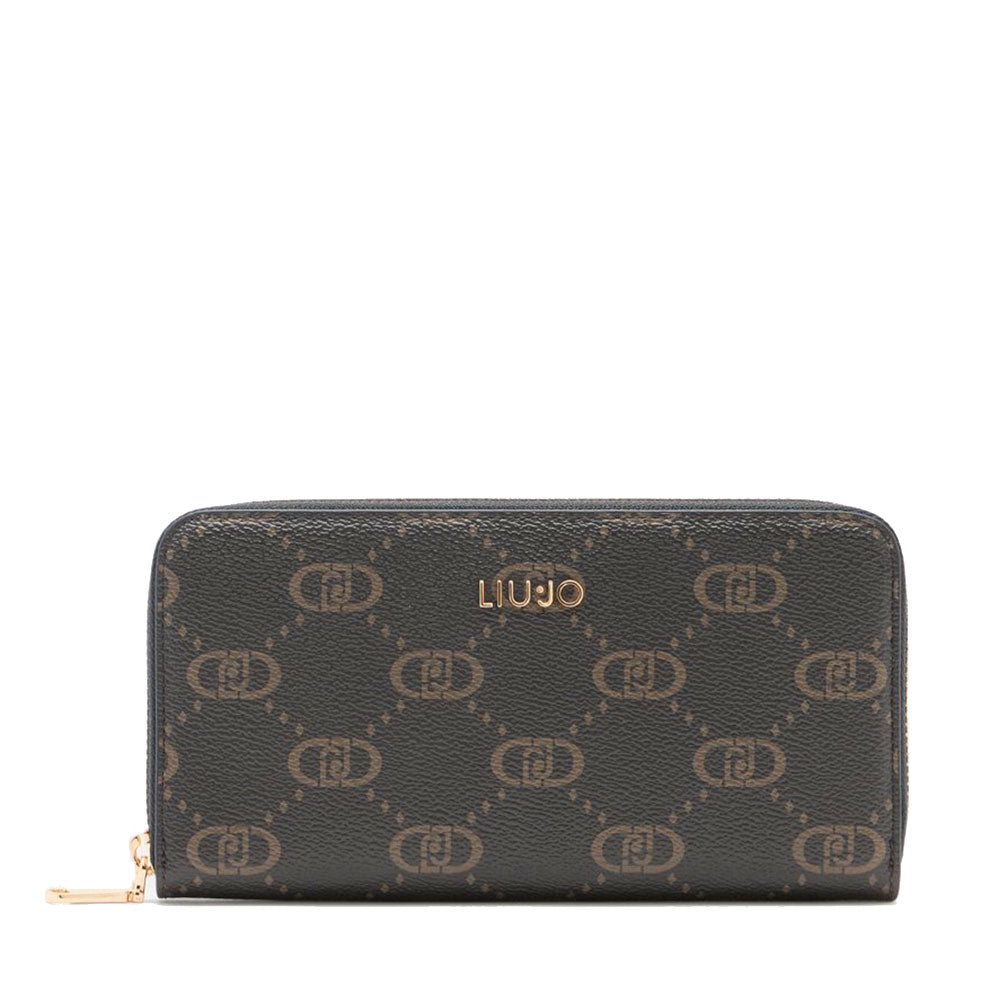 Portafoglio Donna Zip Around LIU JO Better Marrone stampa Logo All Over con Inserto Nero