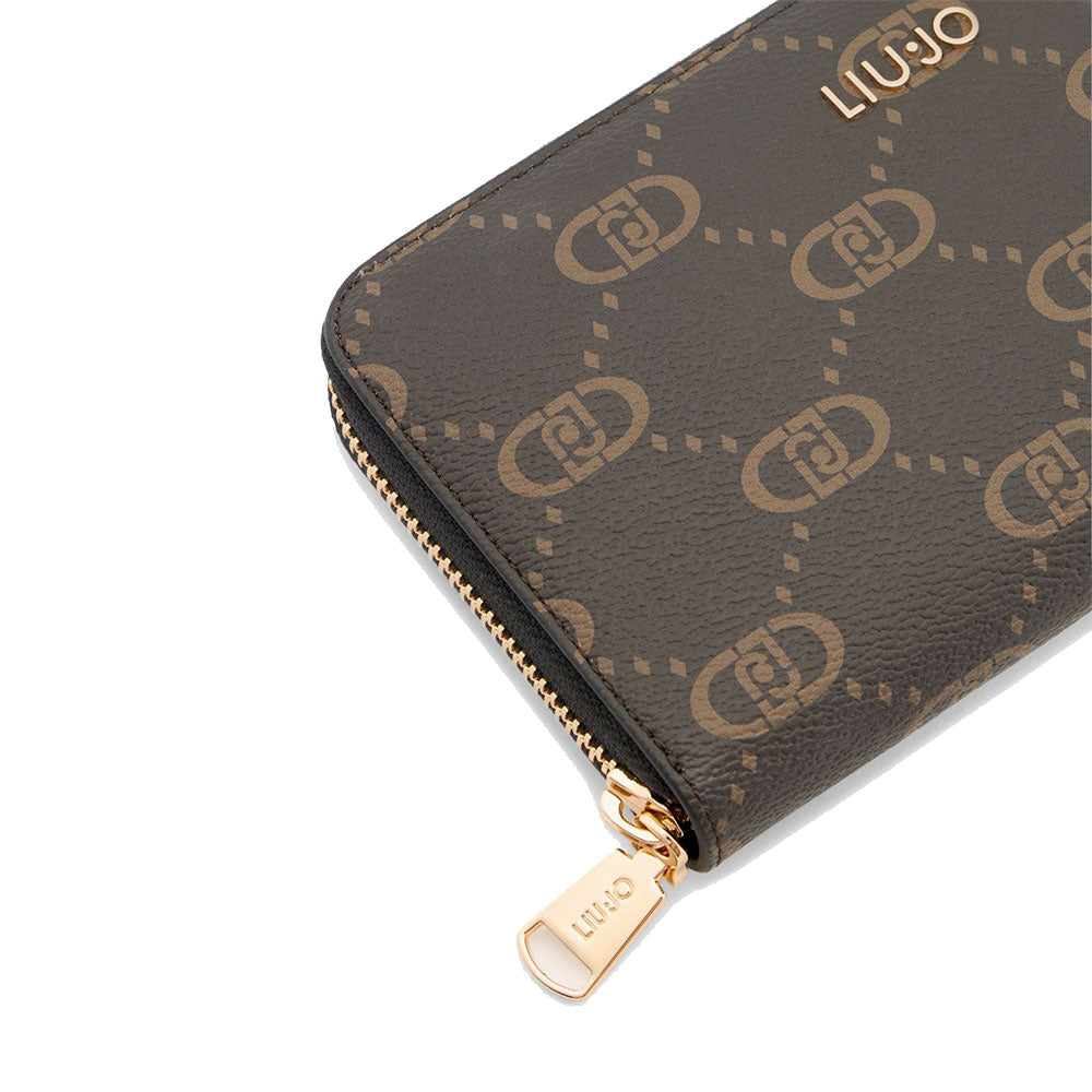Portafoglio Donna Zip Around LIU JO Better Marrone stampa Logo All Over con Inserto Nero