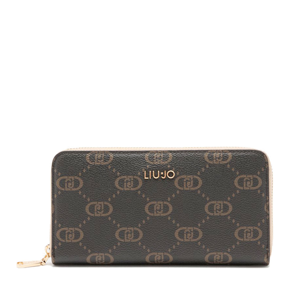 Portafoglio Donna Zip Around LIU JO Better Marrone stampa Logo All Over con Inserto Beige