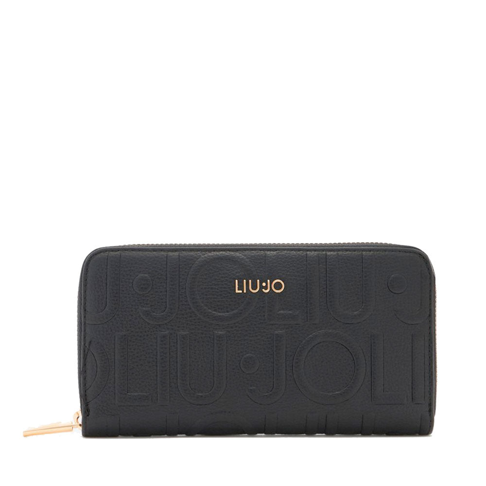 Portafoglio Donna Zip Around LIU JO Better effetto Bottalato con Logo in Rilievo All Over Nero