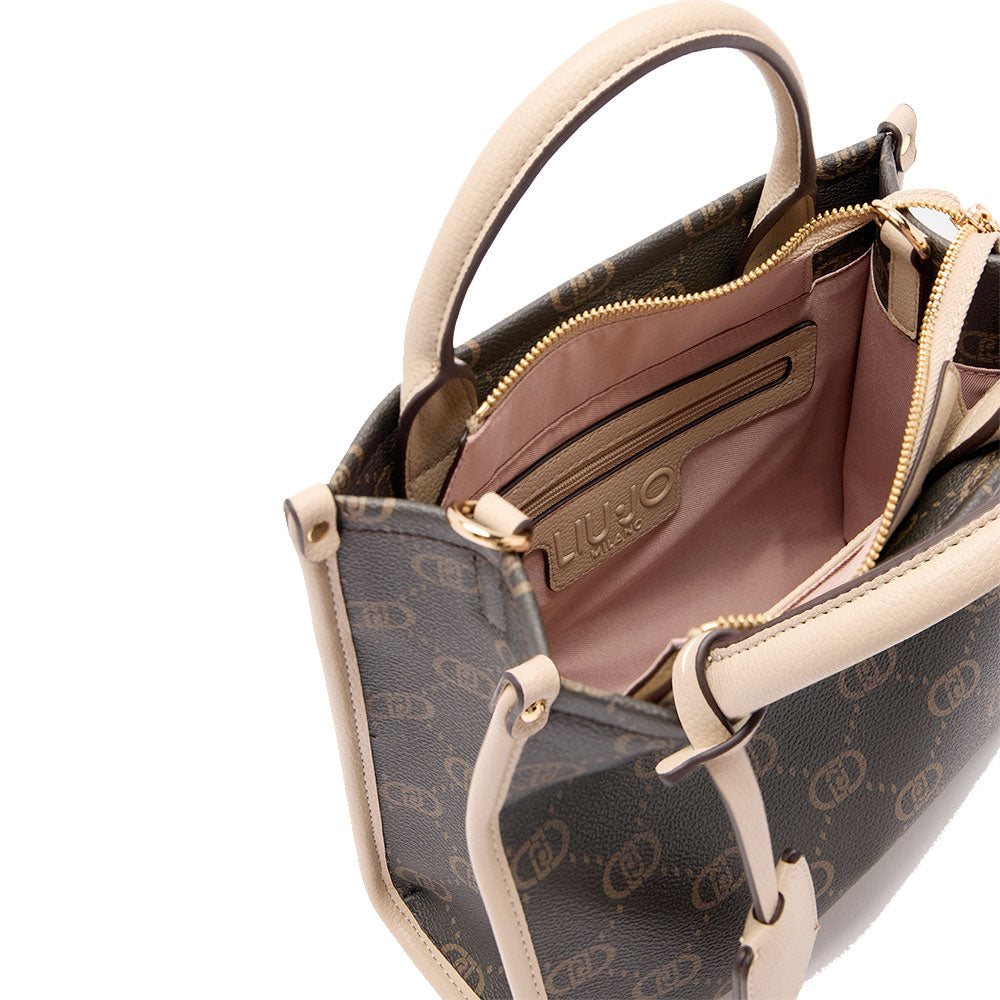 Borsa Donna a Mano LIU JO Marrone con Logo Monogram e Inserto effetto Bottalato Beige