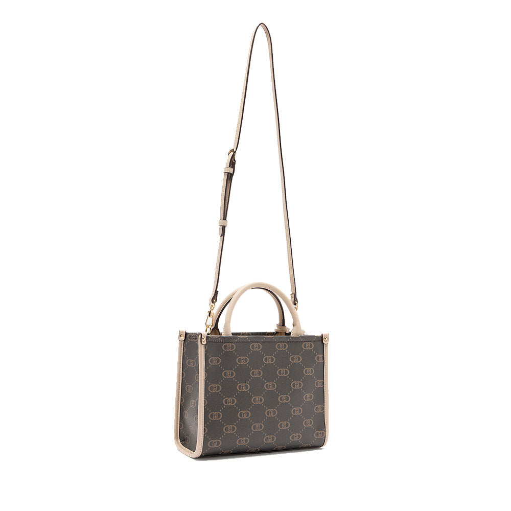 Borsa Donna a Mano LIU JO Marrone con Logo Monogram e Inserto effetto Bottalato Beige