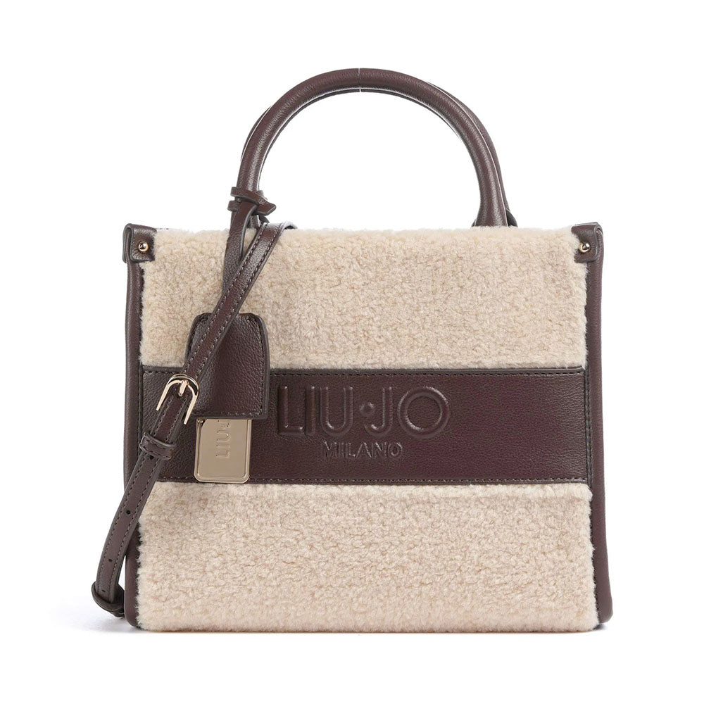 Borsa Donna a Mano LIU JO effetto Bottalato Moro Light con Inserti in Teddy Bianco