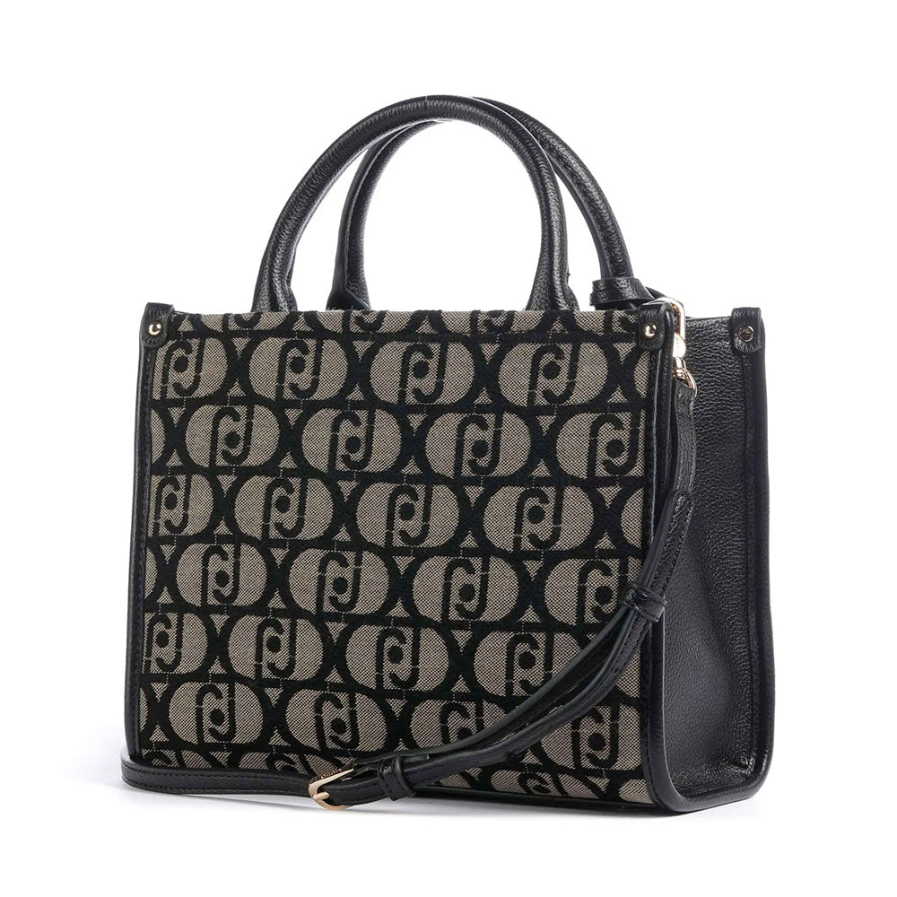 Borsa Donna a Mano LIU JO in Tessuto Jacquard con Logo All Over Nero