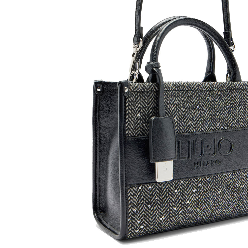 Borsa Donna a Mano LIU JO in Tessuto Chevron Nero con Paillettes
