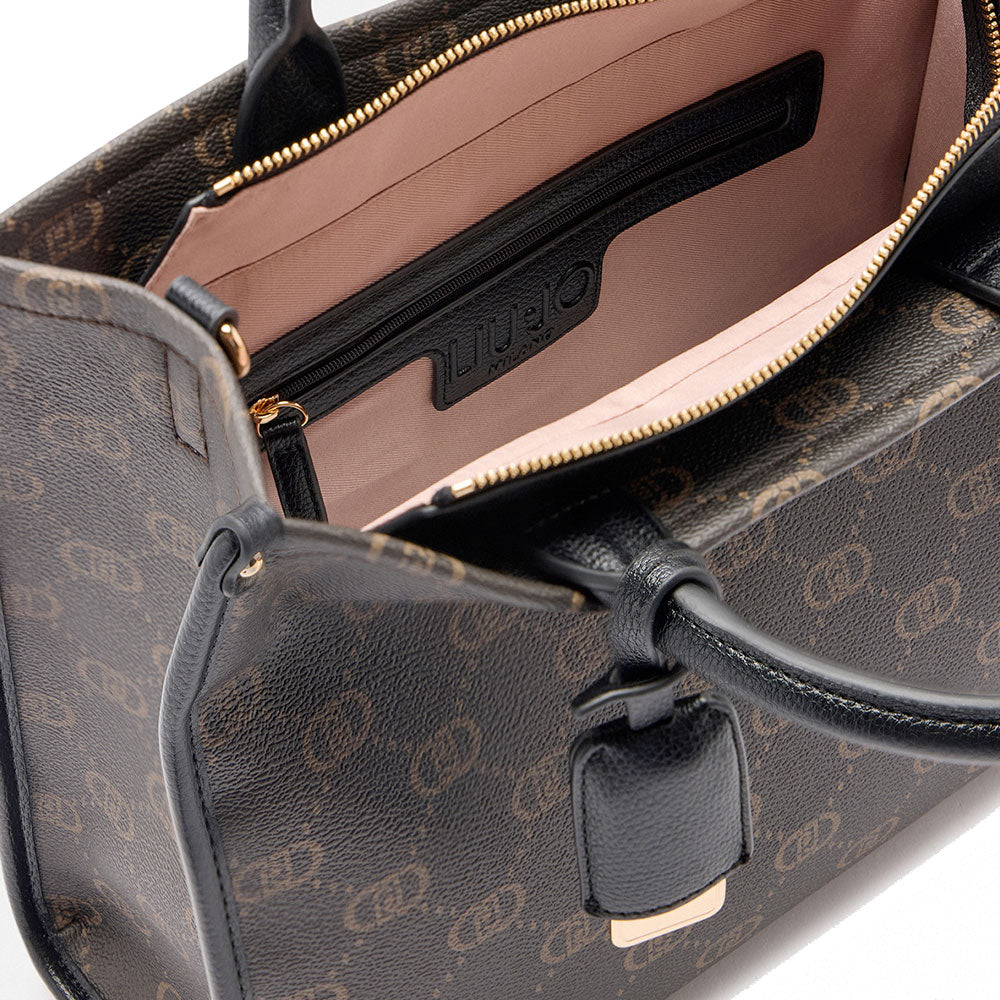 Borsa Donna a Mano Large LIU JO Marrone con Logo Monogram e Inserto effetto Bottalato Nero