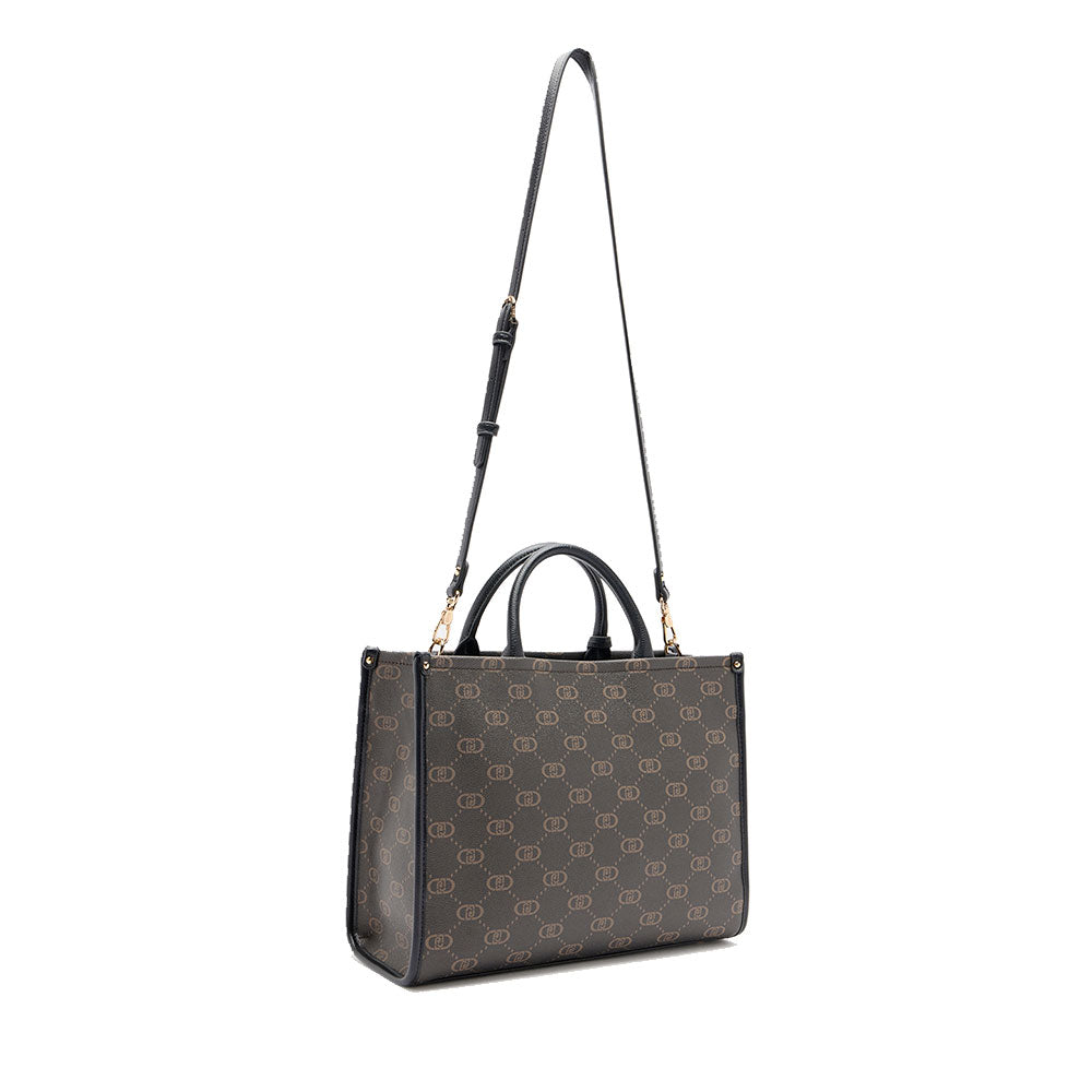 Borsa Donna a Mano Large LIU JO Marrone con Logo Monogram e Inserto effetto Bottalato Nero