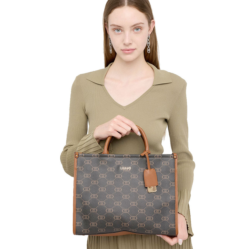 Borsa Donna a Mano Large LIU JO Marrone con Logo Monogram e Inserto effetto Bottalato Pan di Zenzero