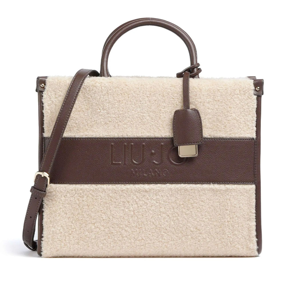 Borsa Donna a Mano Large LIU JO effetto Bottalato Moro Light con Inserti in Teddy Bianco