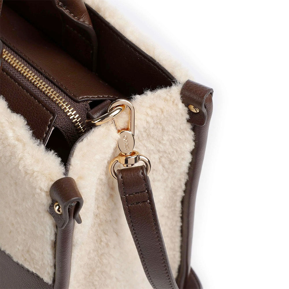 Borsa Donna a Mano Large LIU JO effetto Bottalato Moro Light con Inserti in Teddy Bianco