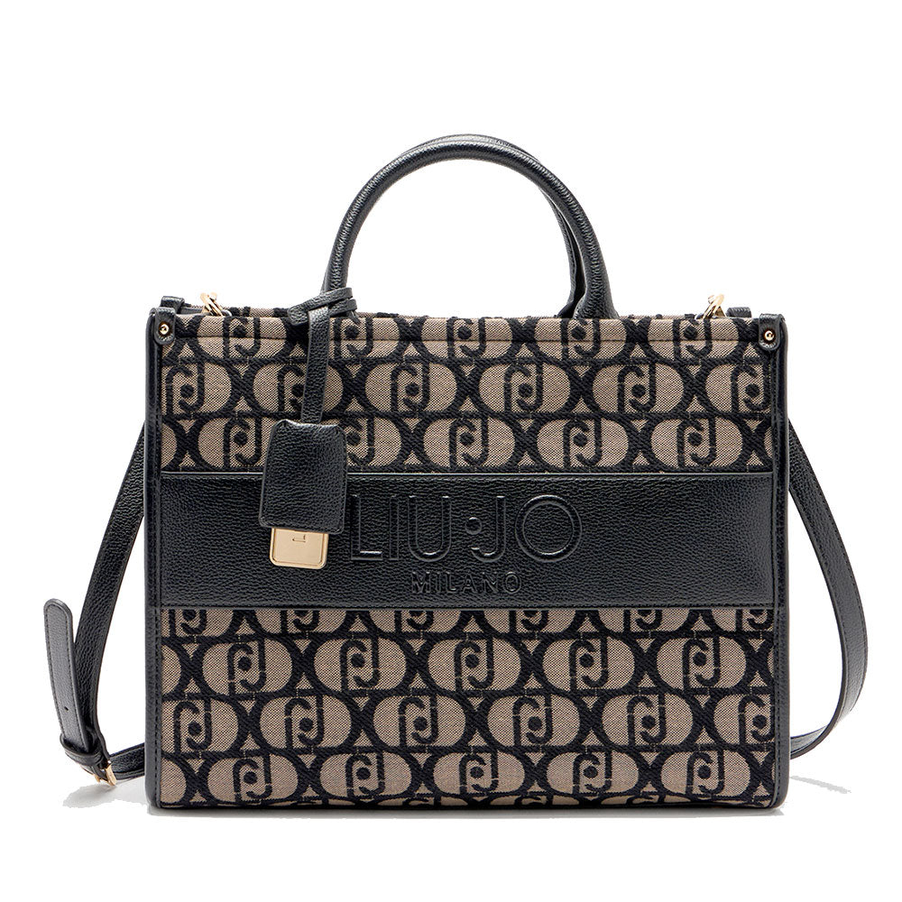 Borsa Donna a Mano Large LIU JO in Tessuto Jacquard Nero con Logo Monogram All Over