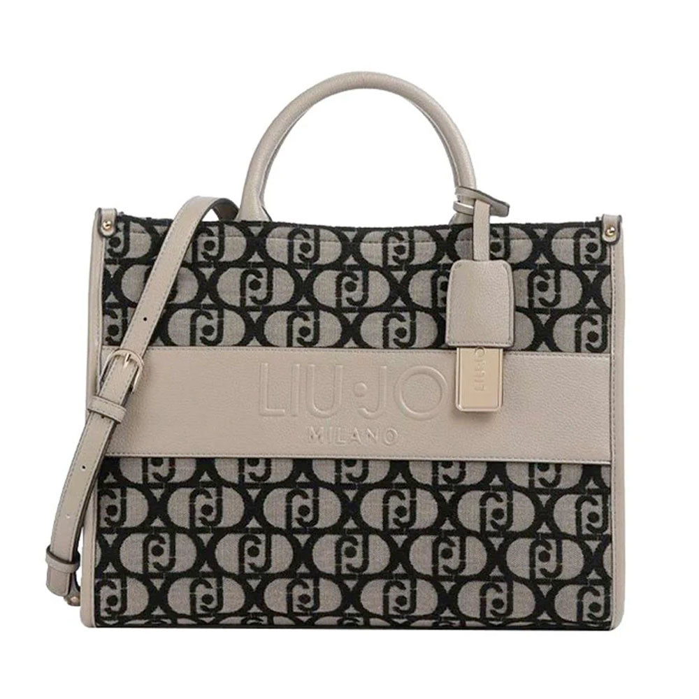 Borsa Donna a Mano Large LIU JO in Tessuto Jacquard Beige con Logo Monogram All Over