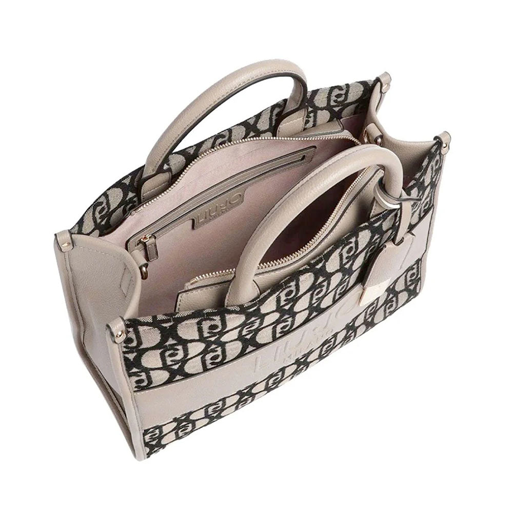 Borsa Donna a Mano Large LIU JO in Tessuto Jacquard Beige con Logo Monogram All Over