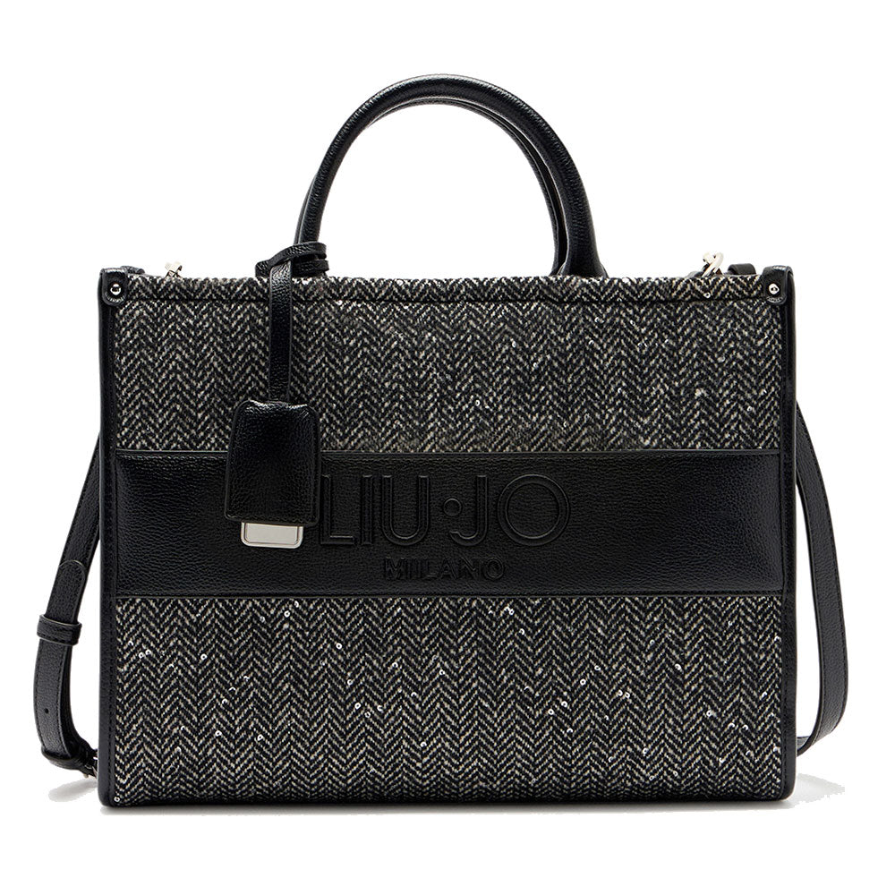 Borsa Donna a Mano Large LIU JO in Tessuto Chevron Nero con Paillettes