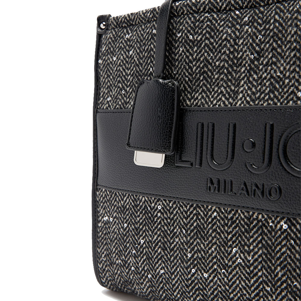 Borsa Donna a Mano Large LIU JO in Tessuto Chevron Nero con Paillettes