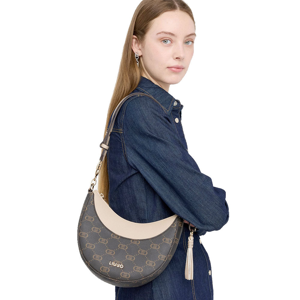 Hobo Bag Media LIU JO Marrone con Logo Monogram e Inserto effetto Bottalato Beige