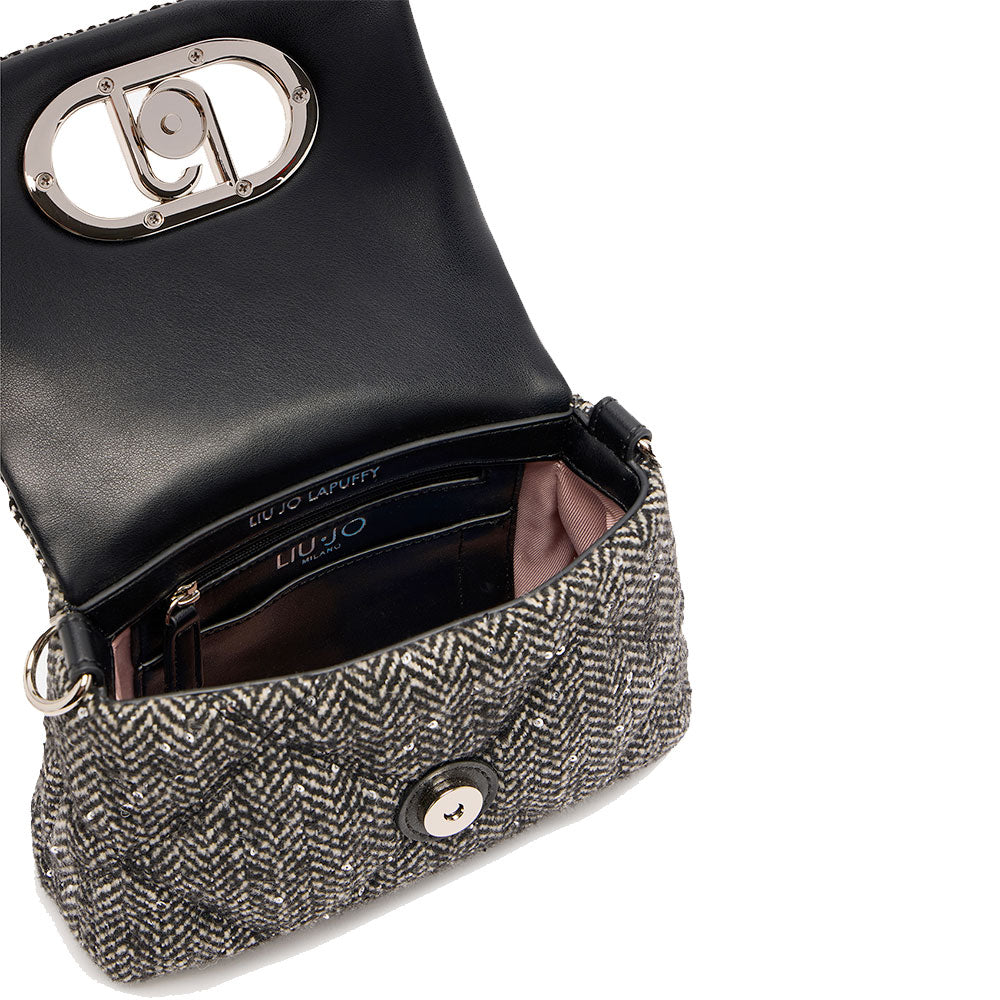Borsa Donna a Tracolla Piccola LIU JO linea LaPuffy in Tessuto Chevron Nero con Paillettes