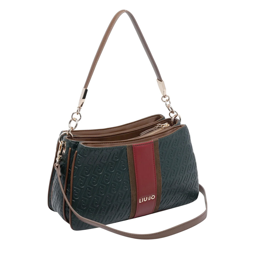 LIU JO Damen Schultertasche in Waldgrün mit durchgehend geprägtem Logo