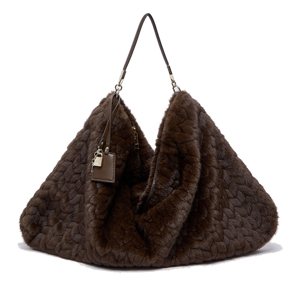 Maxi Borsa Donna a Spalla LIU JO in Pelliccia Sintetica Trapuntata Marrone Scuro